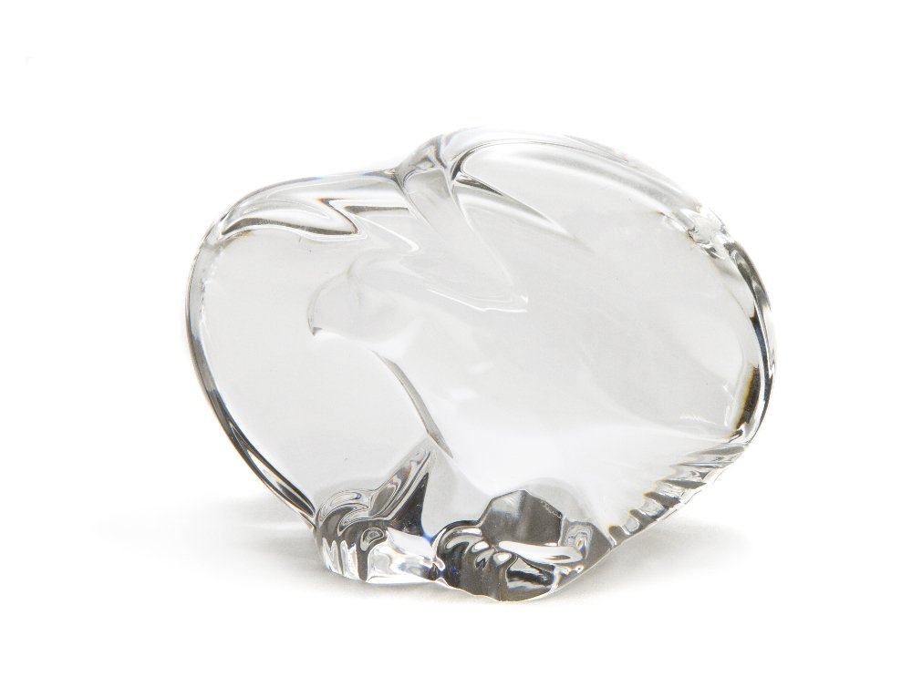 A Steuben Glass Hand Cooler, Length 3 inches.: A Steuben Glass Hand Cooler, in the form of an eagle, with original box and bag. Length 3 inches. Property from The Private Collection of A Lady, Lansing, Michigan