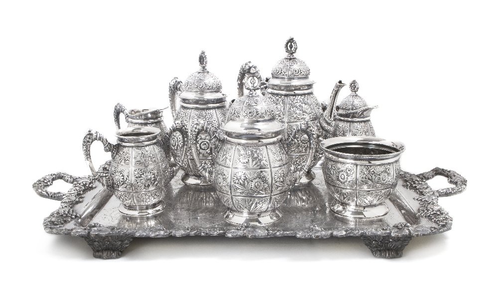 An American Aesthetic Movement Silverplate Coffee : An American Aesthetic Movement Silverplate Coffee and Tea Service, Rogers-Smith & Co., New Haven, Connecticut, second-half 19th century, comprising a teapot, coffee pot, creamer, covered sugar, milk j
