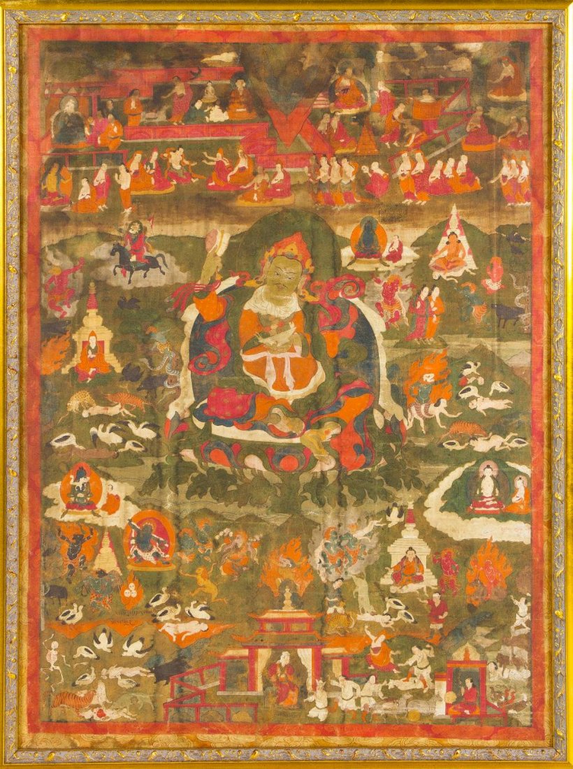 A Tibetan Thangka, Height 30 3/4 x width 22 3/4 in: A Tibetan Thangka, 19th century, depicting a deity surrounded with allegorical scenes, framed. Height 30 3/4 x width 22 3/4 inches. Property from the Estate of Norman Frost, Naples, Florida