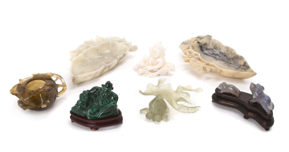 A Collection of Seven Chinese Carved Stone Article: A Collection of Seven Chinese Carved Stone Articles, comprising two soapstone leaf form dishes, a malachite figural snuff bottle, four hardstone items comprising a vase, a koi fish, a dog and a mouse,