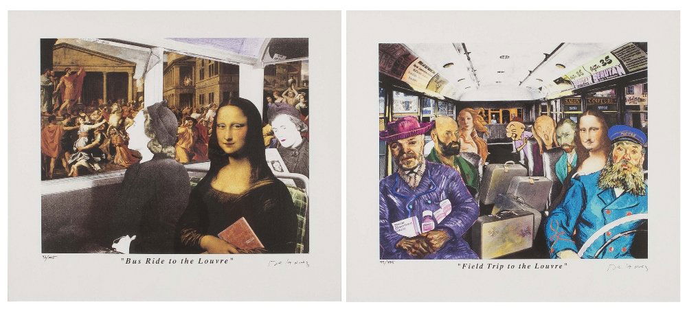 Nelson de la Nuez, (Cuban/American, b. 1959), A Pa: Nelson de la Nuez (Cuban/American, b. 1959) A Pair of Prints Titled: Field Trip to the Louvre and Bus Trip to the Louvre lithograph editions of 195, signed Nelson de la Nuez (low