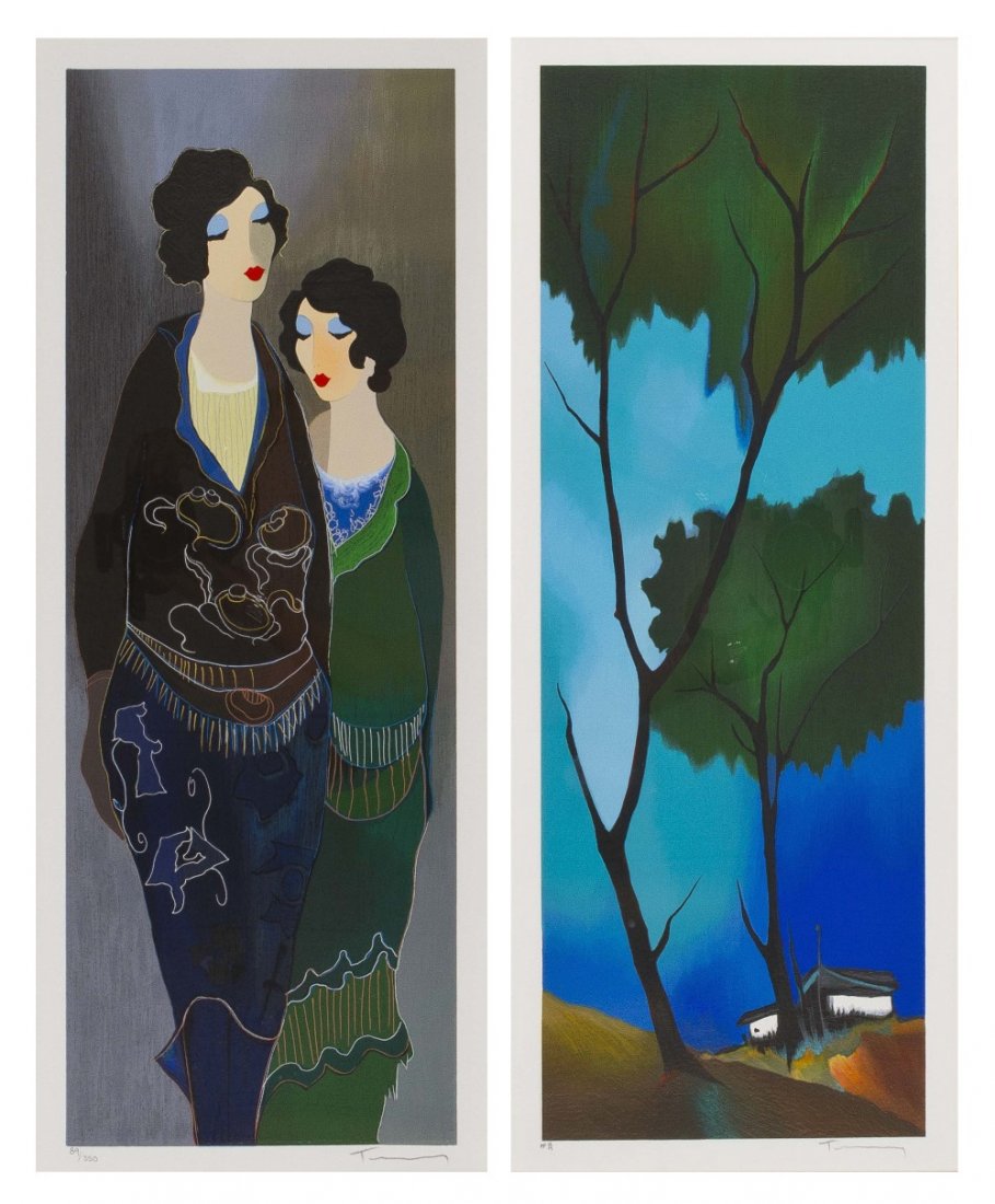 Itzchak Tarkay, (Serbian/Israeli, b. 1935), A Pair: Itzchak Tarkay (Serbian/Israeli, b. 1935) A Pair of Prints Titled: Sisters,2003 and Indigo Skies, 2008 serigraphs signed Tarkay (lower right) Largest: 25 1/2 x 9 inches.