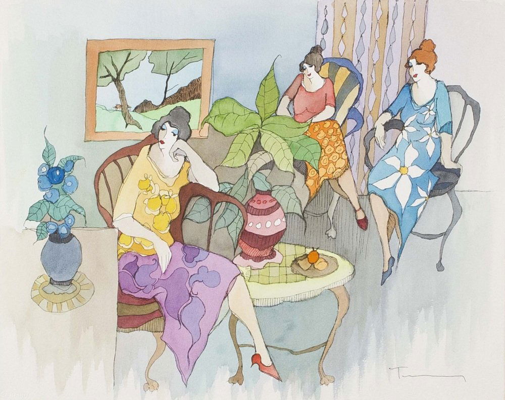 Itzchak Tarkay, (Serbian/Israeli, b. 1935), Sittin: Itzchak Tarkay (Serbian/Israeli, b. 1935) Sitting in the Salon, 2005 ink and watercolor signed Tarkay (lower right) 16 x 20 inches. Property from the Estate of Norman Korswold, Orland