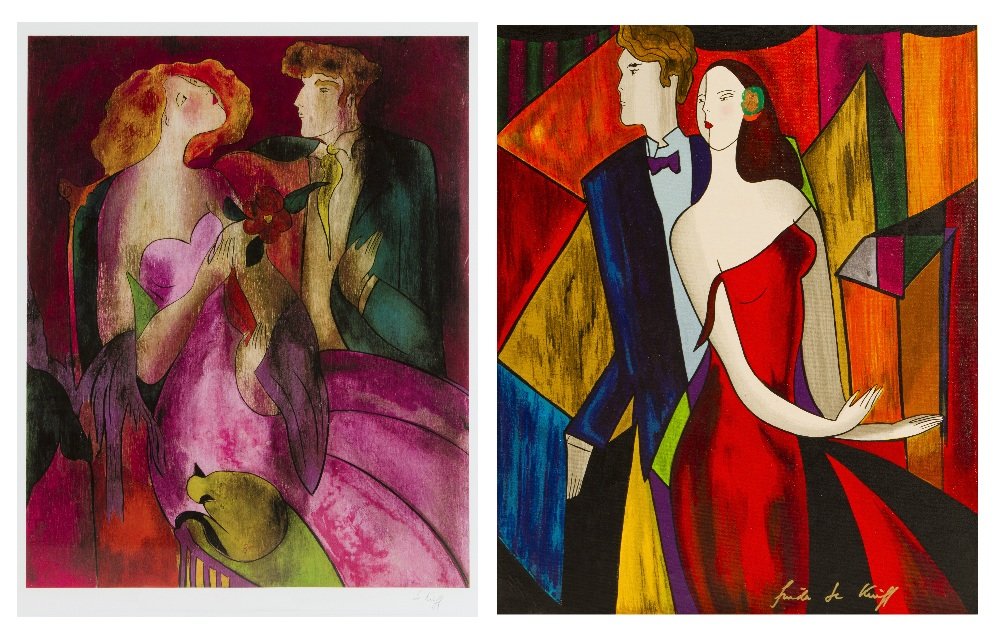 Linda Lekinff, (French, b. 1949), A Pair of Works:: Linda Lekinff (French, b. 1949) A Pair of Works: Robe de Soir, 2005 and Decouverte, 1997 serigraph signed Linda Lekinff (lower right) Larger: 30 x 24 inches. Property f