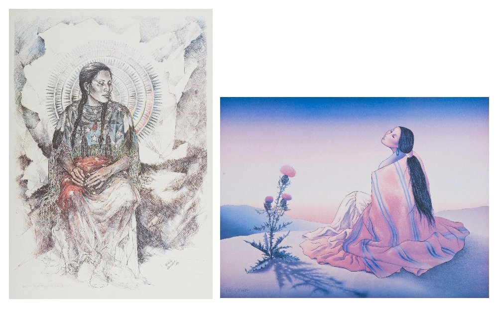 R.C. Gorman, (American, 1932-2005), Woman with Des: R.C. Gorman (American, 1932-2005) Woman with Desert Blossom, together with another poster signed R.C. Gorman (lower left) 21 1/2 x 29 inches. Property from the Estate of a Florida and