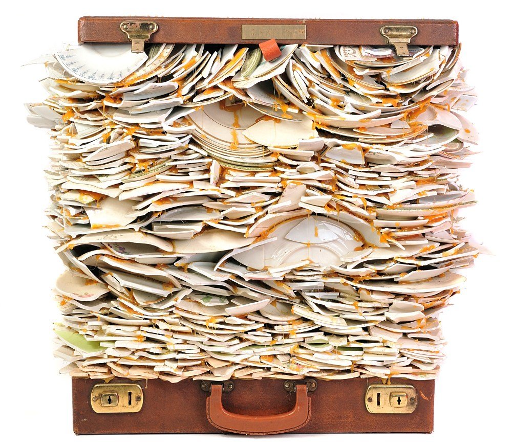 Ron Baron, (American, 20th century), Broken China : Ron Baron (American, 20th century) Broken China in Briefcase leather briefcase and porcelain 20 x 23 x 17 inches. Property from the Collection of The Brogan Museum, Tallahassee, Florida