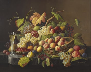 Severin Roesen (American, 1815-1872) Still Life with Fruit and Champagne on a Marble Ledge, c. 1860
