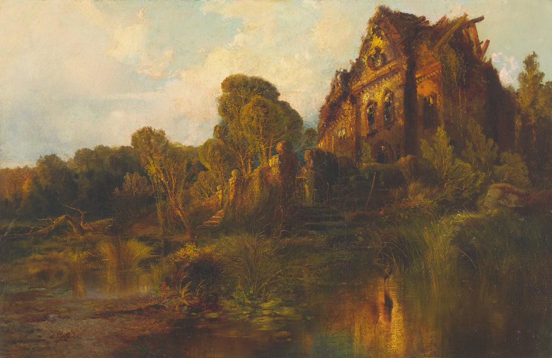 Thomas Moran (American, 1837-1926) House in Chancery, 1859: Thomas Moran (American, 1837-1926) House in Chancery, 1859 oil on canvas signed T Moran and dated (lower center) 19 x 29 in. This lot will be included in the forthcoming catalogue raisonné of the