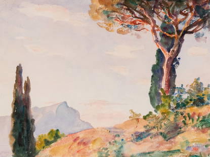 John Singer Sargent (American, 1859-1925) Above Lake Garda (Mountain Landscape; Mountain Landscape: John Singer Sargent (American, 1859-1925) Above Lake Garda (Mountain Landscape; Mountain Landscape of San Vigilio), 1913 watercolor and pencil on paper laid to board signed John Sargent and inscribed