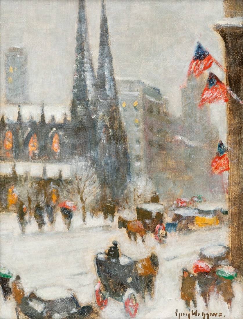Guy Carleton Wiggins (American, 1883-1962) St. Patrick's, Winter: Guy Carleton Wiggins (American, 1883-1962) St. Patrick's, Winter oil on canvasboard signed Guy Wiggins (lower right); also titled and signed (on the reverse) 11 1/8 x 8 1/2 in. Property from a Private