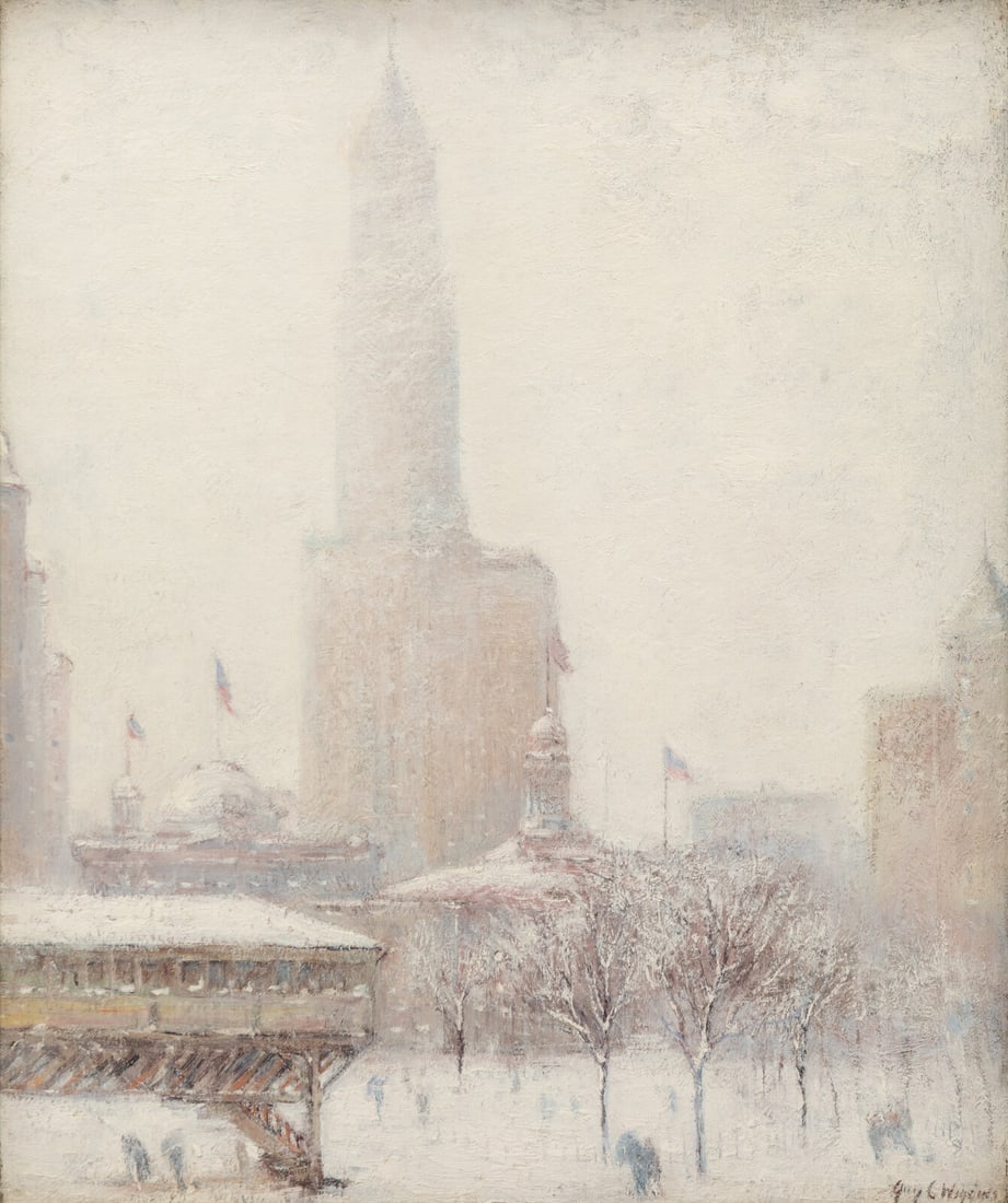 Guy Carleton Wiggins (American, 1883-1962) New York City - Winter, 1944: Guy Carleton Wiggins (American, 1883-1962) New York City - Winter, 1944 oil on canvas signed Guy C Wiggins (lower right); also dated on label affixed to stretcher 24 x 20 in. Property from a Private C