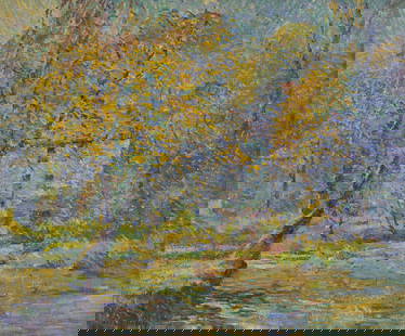John Pierce Barnes (American, 1893-1954) Fall Landscape: John Pierce Barnes (American, 1893-1954) Fall Landscape oil on canvas signed John Y. Barnes (lower left); also signed Barnes (on the reverse) and pencil inscribed Flower Study (stretcher) 19 1/4 x 23