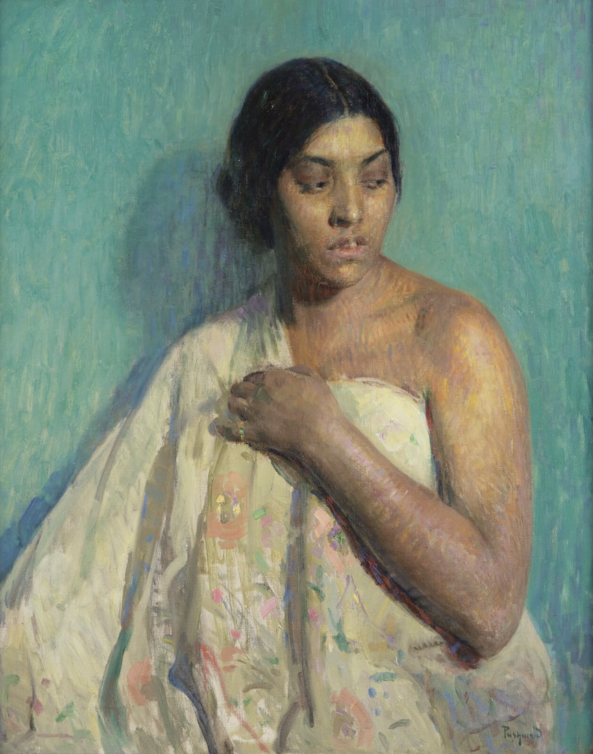 Hovsep Pushman (American, 1877-1966) Tahitian Lady, c. 1921-25: Hovsep Pushman (American, 1877-1966) Tahitian Lady, c. 1921-25 oil on canvas signed Pushman (lower right) 31 1/2 x 25 1/4 in. The present work will be included in the Hovsep Pushman Committee's online