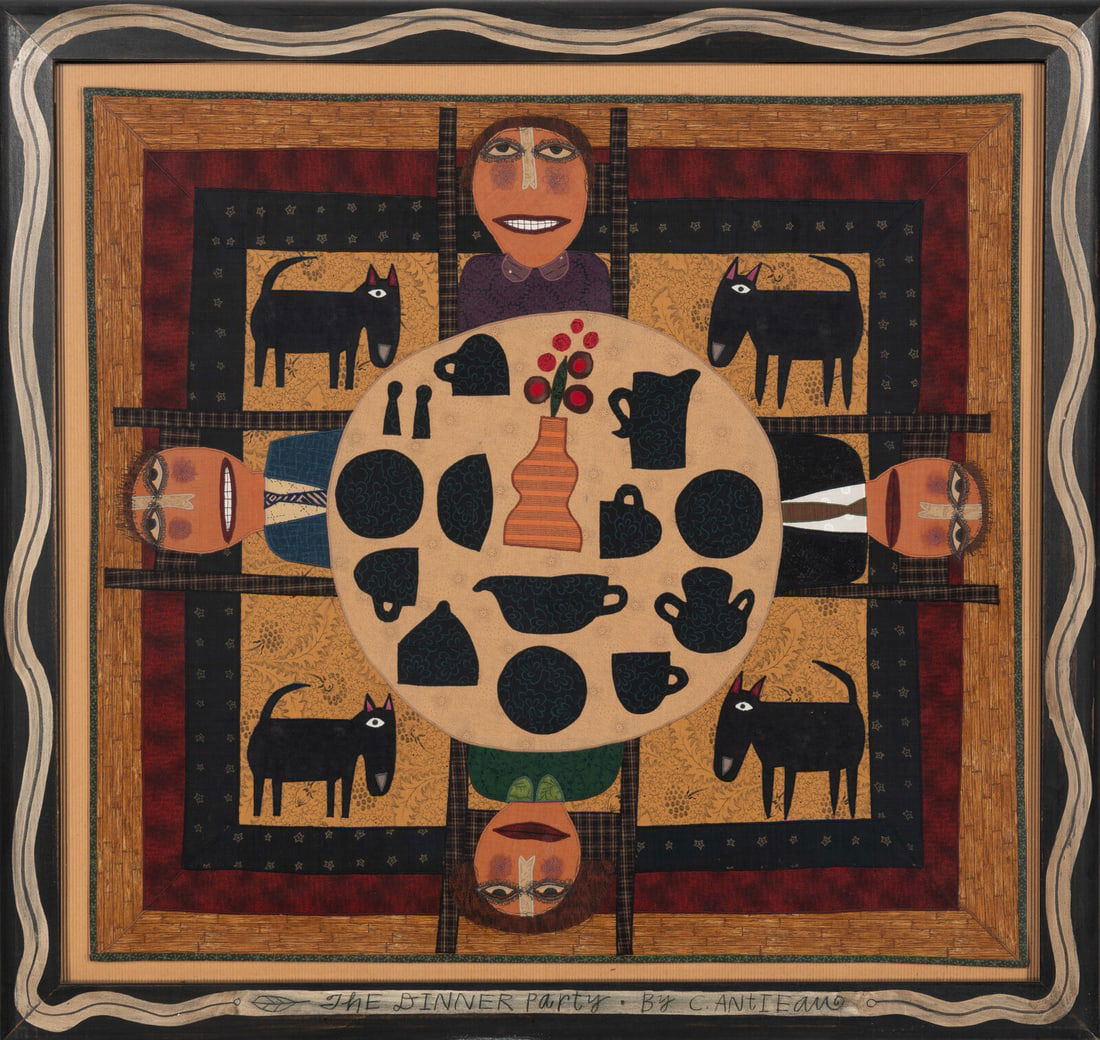 Chris Roberts Antieau (American, b. 1951) The Dinner Party: Chris Roberts Antieau (American, b. 1951) The Dinner Party fabric appliqué and thread painting signed C. Antieau and titled (on frame) 28 x 30 1/4 inches.