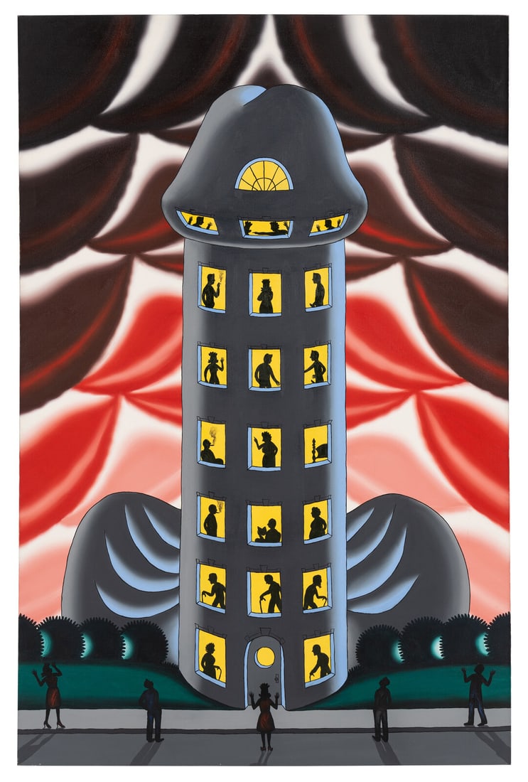 Roger Brown (American, 1941-1997) Postmodern Res/Erection with Observation Deck, 1984: Roger Brown (American, 1941-1997) Postmodern Res/Erection with Observation Deck, 1984 oil on canvas titled (verso) 72 x 47 1/2 inches. Property from the Collection of Evan Hughes, Sydney, Australia