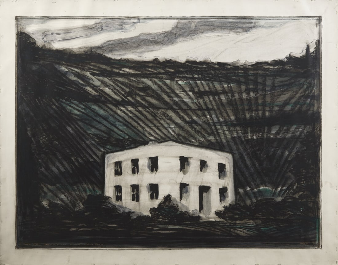 Robert Cumming (American, 1943-2021) House Beneath Earthen Dam, 1983: Robert Cumming (American, 1943-2021) House Beneath Earthen Dam, 1983 acrylic, charcoal and ink on paper signed Cumming and dated (lower right), titled (lower left) 41 x 52 inches. This lot is located