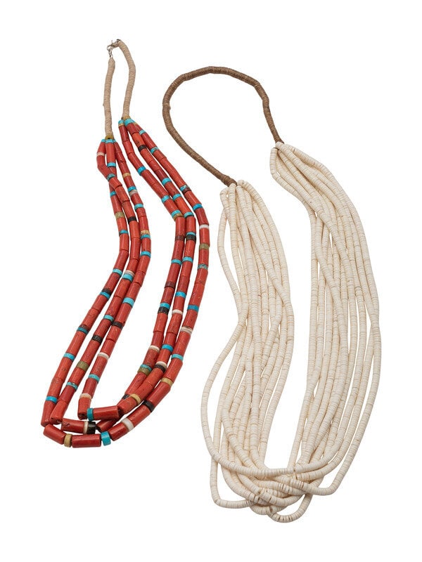 Pueblo Multi-strand Necklaces: Pueblo Multi-strand Necklaces second half 20th century lot of 2, neither are marked, includes a three-strand necklace strung with coral, turquoise, serpentine, shell, jet, and pipestone; neckla