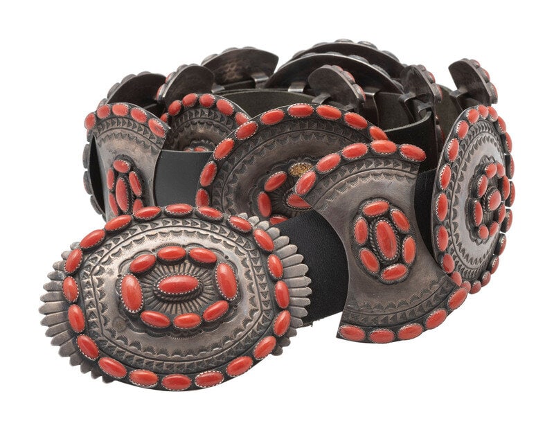 Ray Bennett
(Diné, act. since 1994)
Sterling Silver and Coral Cluster Concha Belt (1 of 2)