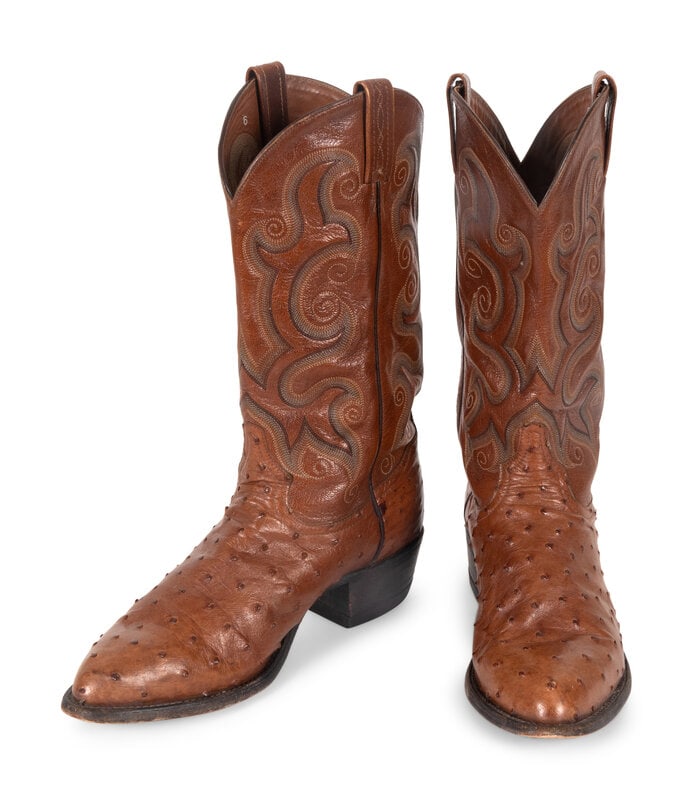 Tony Lama Coffee Full Quill Ostrich: Tony Lama Coffee Full Quill Ostrich round toe, size 11D This lot is located in Scottsdale. Private Collection of Jesse Monongya