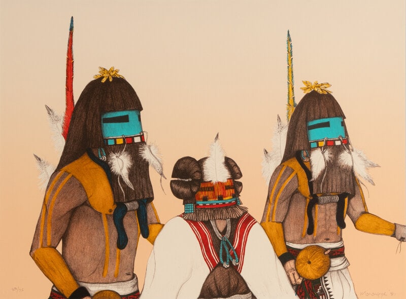 Preston Monongye (Mission-Adopted Hopi, 1927-1987) Spirit of the Long Hair Kachinas, Edition 63/75: Preston Monongye (Mission-Adopted Hopi, 1927-1987) Spirit of the Long Hair Kachinas, Edition 63/75 lithograph edition 63/75, signed Monongye '81 in pencil bottom right (sight) 18-7/8 x 2
