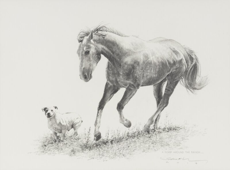 Robert "Shoofly" Shufelt (American, b. 1935) A Romp Around The Ranch, 2014: Robert "Shoofly" Shufelt (American, b. 1935) A Romp Around The Ranch , 2014 pencil on paper signed and dated lower right (sight) 14 x 20 inches; (framed) 24-3/4 x 29-1/4 inches <