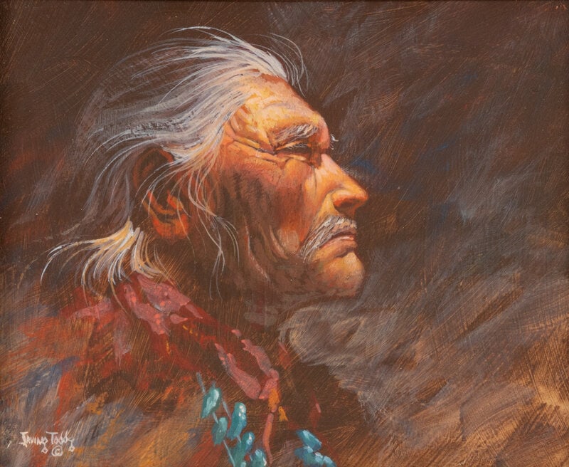 Irving Toddy (Diné, 1951-2020) untitled, Portrait : Irving Toddy (Diné, 1951-2020) untitled, Portrait oil on board signed Irving Toddy lower left (sight) 5-1/2 x 6-3/4 inches; (framed) 13-3/4 x 15 inches Private Collectio