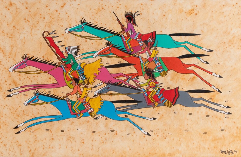 Irving Toddy (Diné, 1951-2020) untitled, Horse Ride, 2004: Irving Toddy (Diné, 1951-2020) untitled, Horse Ride , 2004 oil on canvas signed and dated "Irving Toddy 04" lower right (sight) 23-3/4 x 35-3/4 inches; (framed) 33 x 45 inches This