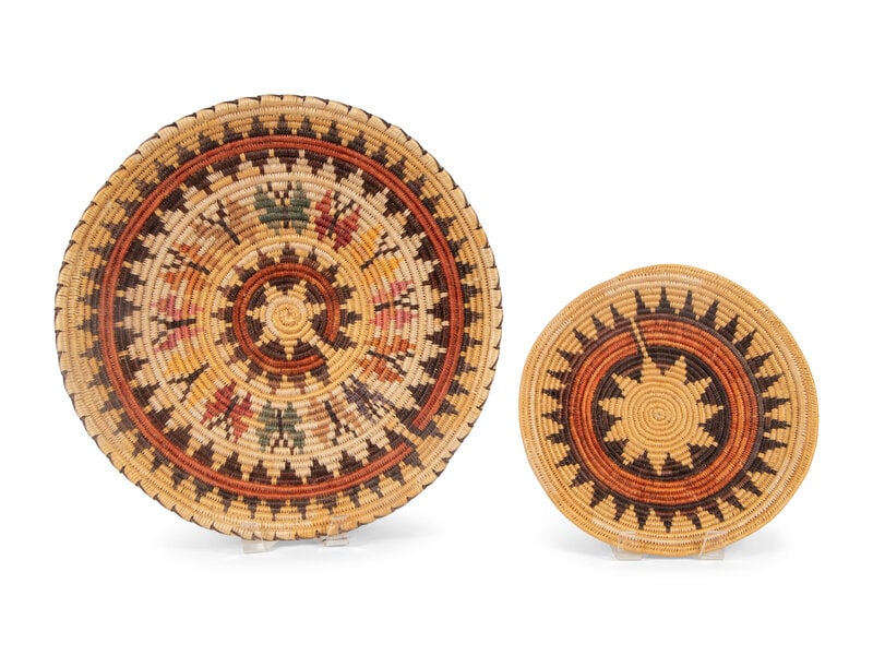 Grace Lehi (San Juan Paiute, b. 1934) Baskets: Grace Lehi (San Juan Paiute, b. 1934) Baskets lot of 2, each with the artist's name written on a Jesse Monongye Studios, Inc tag, includes: one designed with 13 multicolored butterflies; 30 coils