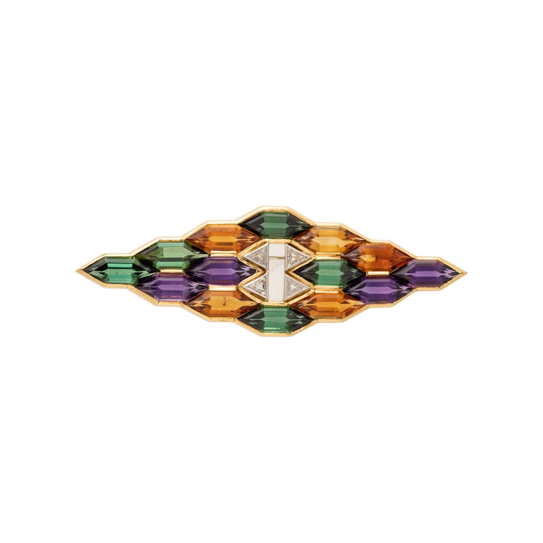 GRIMA, MULTIGEM HONEYCOMB PATTERN BROOCH: GRIMA, MULTIGEM HONEYCOMB PATTERN BROOCH Containing hexagonal step cut amethyst, citrine, and tourmaline, with triangular mixed cut diamonds. 18 karat yellow gold. 2 1/2 inches x 7/8 inch. Stamp: GRIM