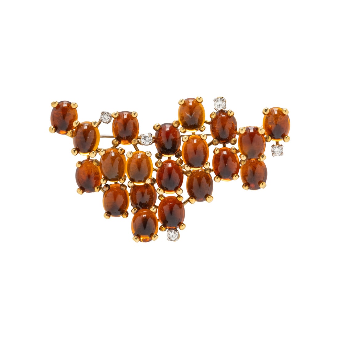 GRIMA, CITRINE AND DIAMOND BROOCH: GRIMA, CITRINE AND DIAMOND BROOCH Containing oval cabochon citrines measuring approximately 10.00 x 8.00 mm and round brilliant cut diamonds weighing approximately 0.50 carat total. 18 karat yellow go