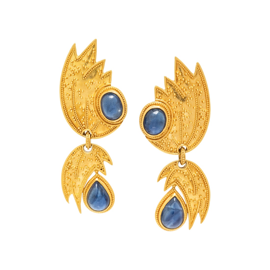 LUNA FELIX, SAPPHIRE AND YELLOW GOLD EARRINGS: LUNA FELIX, SAPPHIRE AND YELLOW GOLD EARRINGS Containing oval cabochon sapphires measuring approximately 8.00 x 6.00 mm and pear shaped cabochon sapphires measuring approximately 10.00 x 7.00 mm, post
