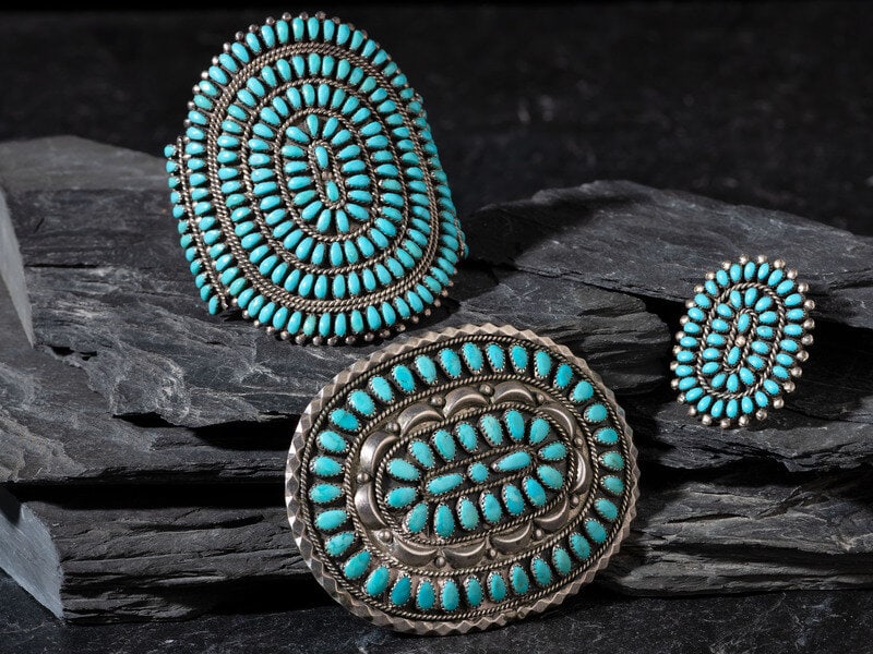 Group of Navajo or Zuni Silver and Turquoise Cluster Jewelry: Group of Navajo or Zuni Silver and Turquoise Cluster Jewelry third quarter 20th century lot of 3, includes: a cuff bracelet signed P & V BY JOE STERLING cuff width 3-3/8 inches