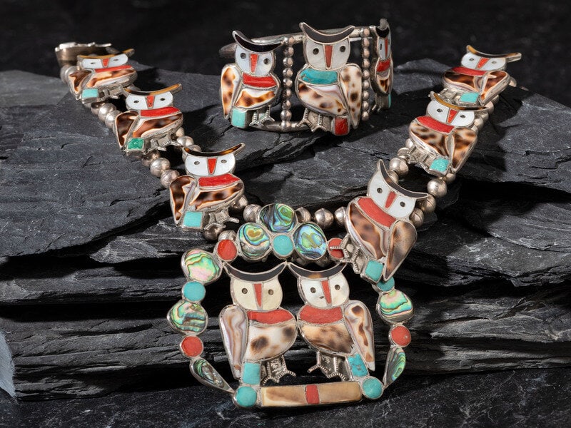 Blake and Velma Lesansee (Zuni, act. since 1950s) Mosaic Inlay Owl Squash Blossom, Cuff Bracelet and: Blake and Velma Lesansee (Zuni, act. since 1950s) Mosaic Inlay Owl Squash Blossom, Cuff Bracelet and Clip Earring Matching Set lot of 3, cuff marked VB, sizes include: necklace length 29-1/2 inches, n