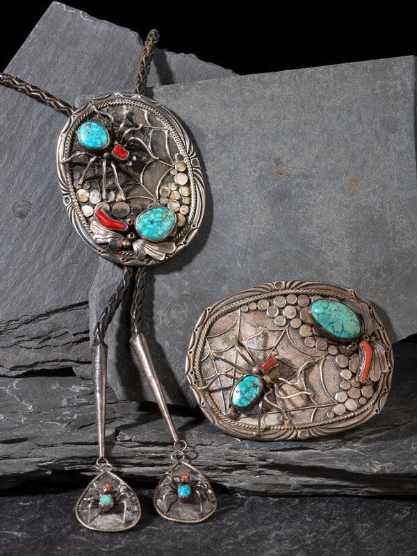 Robert Nez
(Diné, 20th century)
Matching Silver, Turquoise, and Coral Spiderweb Bolo Tie and Be (1 of 2)