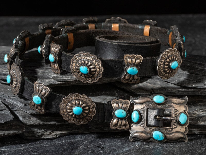 Michael Rogers (Paiute, 20th century) Sterling Silver and Turquoise Concha Belt: Michael Rogers (Paiute, 20th century) Sterling Silver and Turquoise Concha Belt nine conchas alternate with nine butterflies, along with matching buckle; marked MR STERLING belt length 49-1/2 inches, 