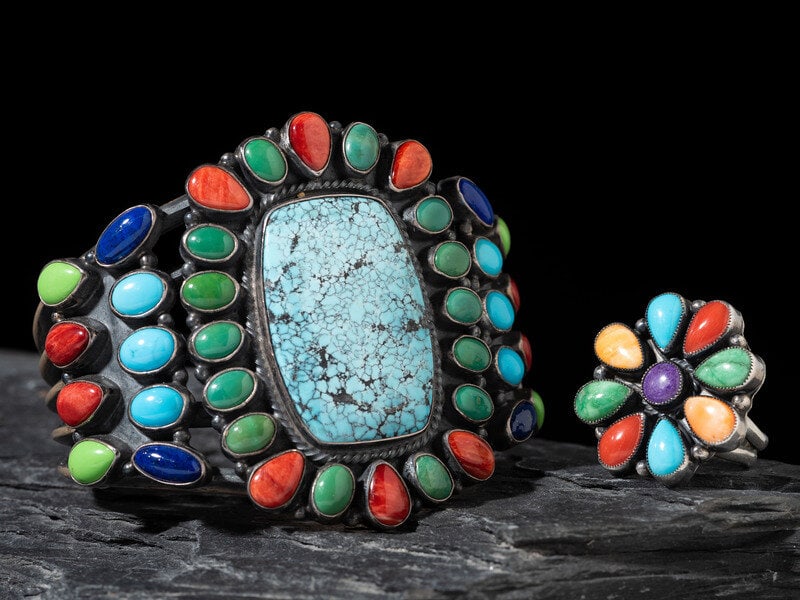 Kirk Smith 
(Diné, 1957-2012)
Silver and Multistone Cluster Cuff Bracelet, PLUS (1 of 2)