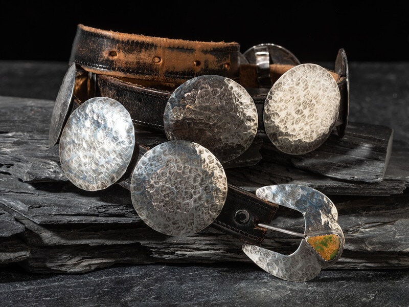 Jan Loco
(Apache, b. 1949)
Hammered Sterling Silver and Turquoise Concha Belt (1 of 2)
