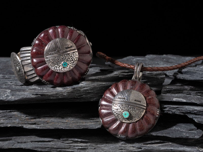 Tony Abeyta
(Diné, b. 1965)
Matching Tufa Cast Silver Yei Cuff Bracelet and Necklace Suite (1 of 3)