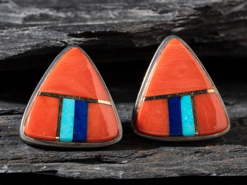 Verma Nequatewa, Sonwai
(Hopi, b. 1949)
Silver, Coral, Lapis and Turquoise Earrings with Gold Accent (1 of 2)