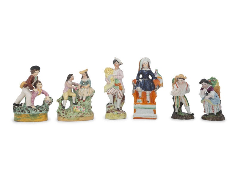 Six Staffordshire Couples and Figures: Six Staffordshire Couples and Figures English, 19th Century Height of tallest 7 inches. This lot is located in Cincinnati. Property from the Collection of Addice and Peter Thomas, F