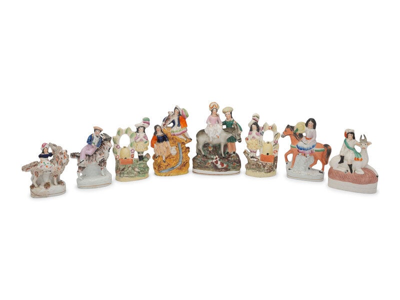 Eight Staffordshire Figures and Figural Groups with Animals: Eight Staffordshire Figures and Figural Groups with Animals English, 19th Century Height of tallest 8 3/4 inches. This lot is located in Cincinnati. Property from the Collection of