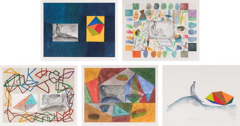 Mimmo Paladino Italian, b. 1948 Miraggio I, Miraggio II, Miraggio III, Miraggio IV, and Miraggio V.: Mimmo Paladino Italian, b. 1948 Miraggio I, Miraggio II, Miraggio III, Miraggio IV, and Miraggio V. etching each 15 x 19 1/4 inches (sight) This lot is locate