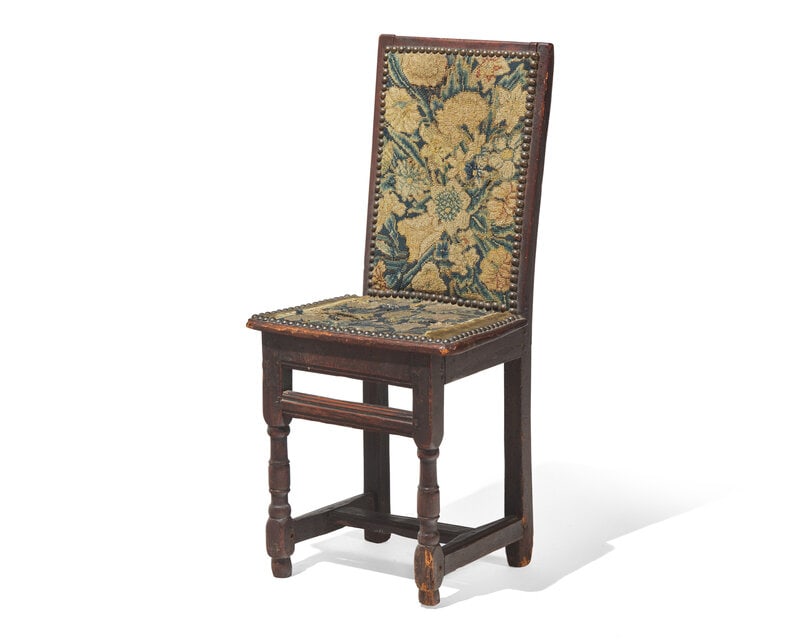 A Charles II Oak Backstool with Early Petit Point Upholstery, Second Half 17th Century (1 of 3)