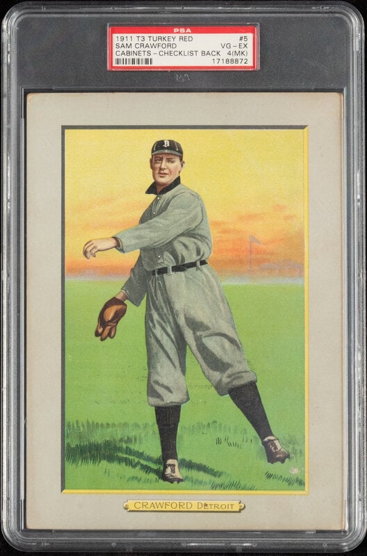 A 1911 T3 Turkey Red Cabinets Sam Crawford Baseball Card (PSA 4MK VG-EX) Checklist Back (1 of 2)