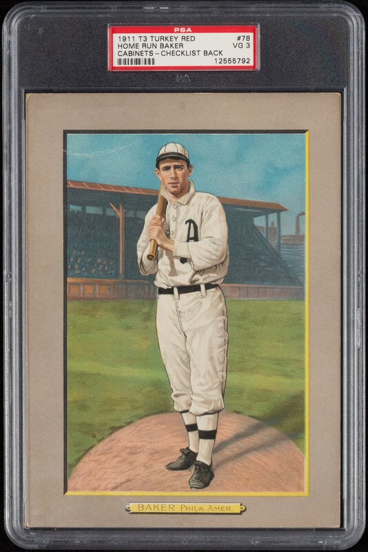 A 1911 T3 Turkey Red Cabinets Frank Home Run Baker Baseball Card (PSA 3 VG) Checklist Back (1 of 2)