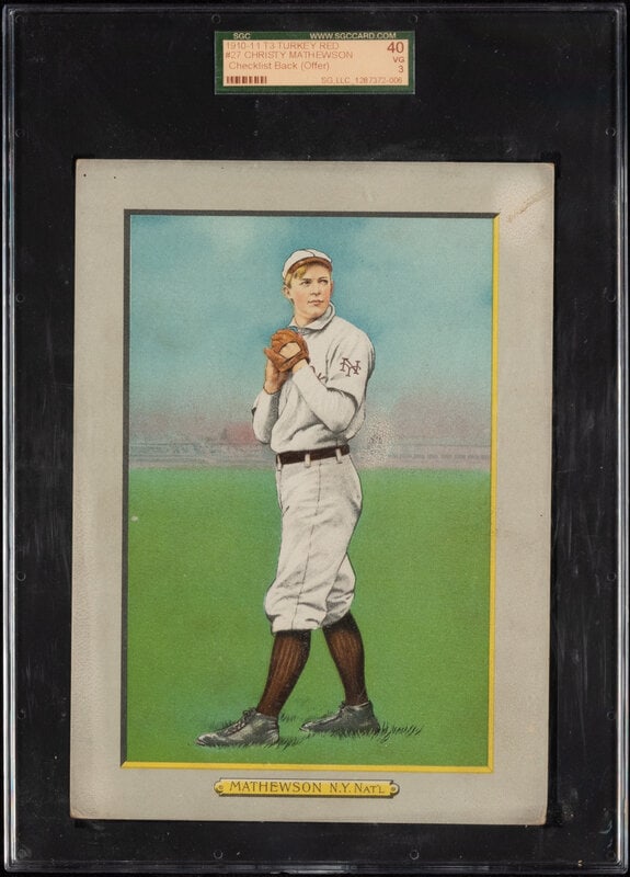 A 1911 T3 Turkey Red Cabinets Christy Mathewson Baseball Card (SGC 3 VG) Checklist Back (1 of 2)