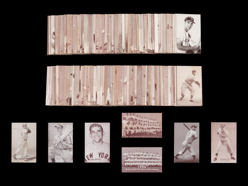 A Collection of Over 165 1947-66 Baseball Exhibit Cards Including Multiple Hall of Famers: A Collection of Over 165 1947-66 Baseball Exhibit Cards Including Multiple Hall of Famers comprising the following issues 1951 New York Yankees team card, 1956 Brooklyn Dodgers team card, Hank Aaron, 
