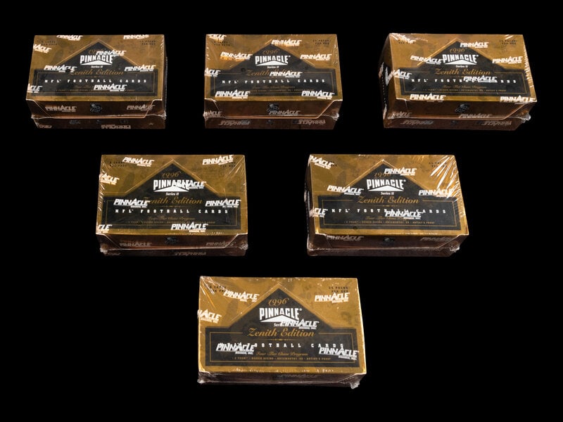A Group of Six Factory Sealed Boxes of 1996 Pinnacle Zenith Football Cards: A Group of Six Factory Sealed Boxes of 1996 Pinnacle Zenith Football Cards Property from The Collection of Stewart Orzoff