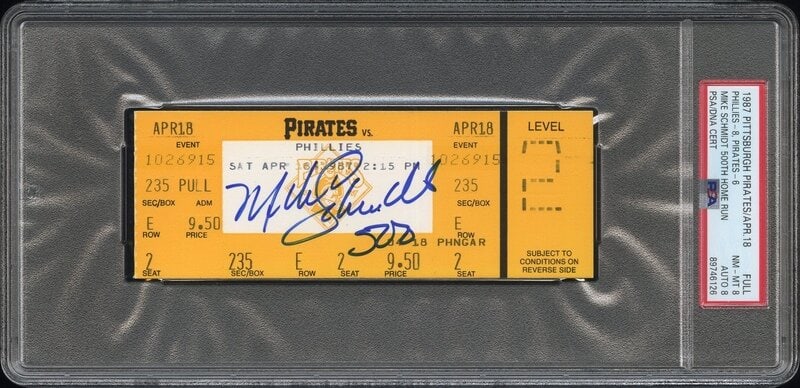 A Mike Schmidt Signed Autograph 500 Home Run Game Full Ticket (PSA 8 NM-MT / 8 AUTO - POP 6, NONE HI (1 of 2)