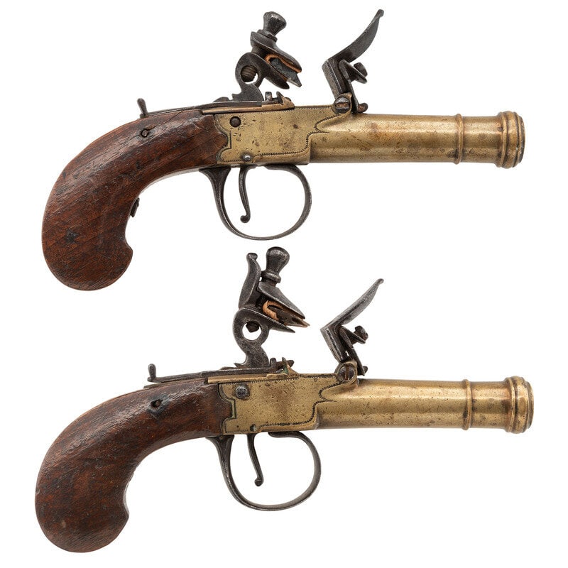 Pair of Unmarked Continental Box Lock Flint Brass Cannon Barrel Pocket Pistols (1 of 2)